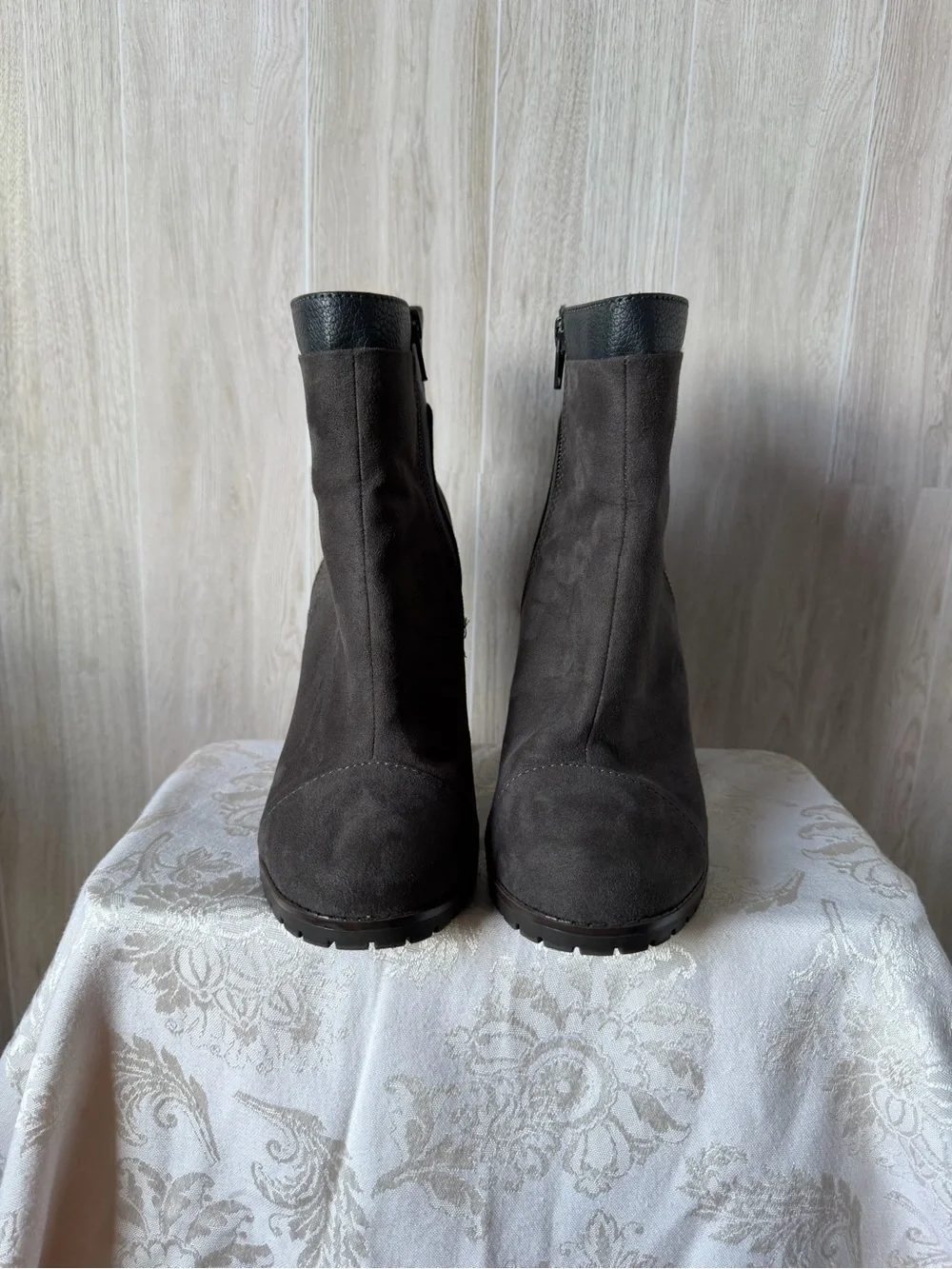 Juicy Couture Charcoal Suede Block Heel Ankle Boots with Black Cuff